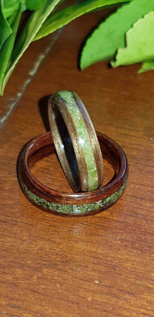 Walnut and Kingswood with Unakite wedding ring set